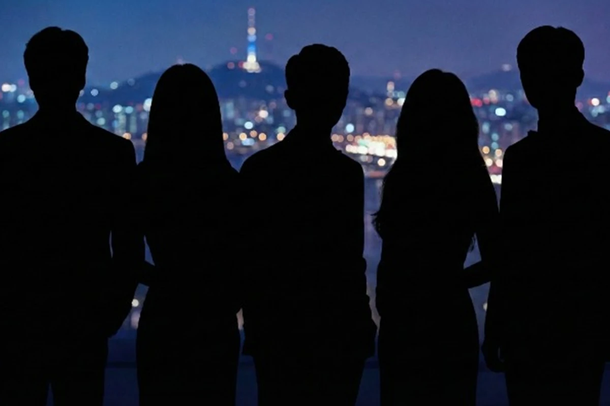 Siluet lima orang berdiri dengan latar kota malam, menggambarkan antusiasme penonton Film Korea Januari 2026 dan Drama Korea Januari 2026 yang siap tayang di awal tahun.